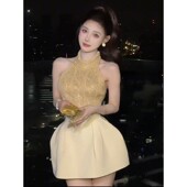 穿搭 新款 法式 气质名媛风烫钻挂脖背心蓬蓬显瘦半身裙两件套女夏季