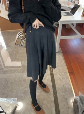 灰色针织半身裙女小个子西装裙2025秋冬季新款百褶a字裙毛呢中裙