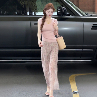 韩系甜美风粉色针织短袖 碎花半身裙两件套女夏季 新款 温柔绝美套装