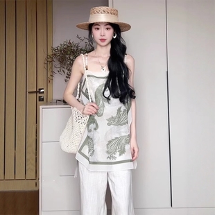 波西米亚度假风串珠吊带背心女夏天法式 上衣 复古印花宽松外穿无袖