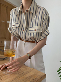 法式 宽松休闲衬衣小众韩系chic上衣 女夏季 复古少年感短袖 条纹衬衫