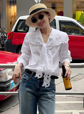 设计感镂空蕾丝长袖白色衬衣女款2025新款爆款宽松小个子独特上衣