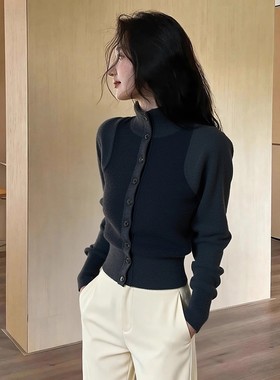 毛衣女款2025新款独特别致巨好看收腰气质灰色撞色高领针织上衣冬