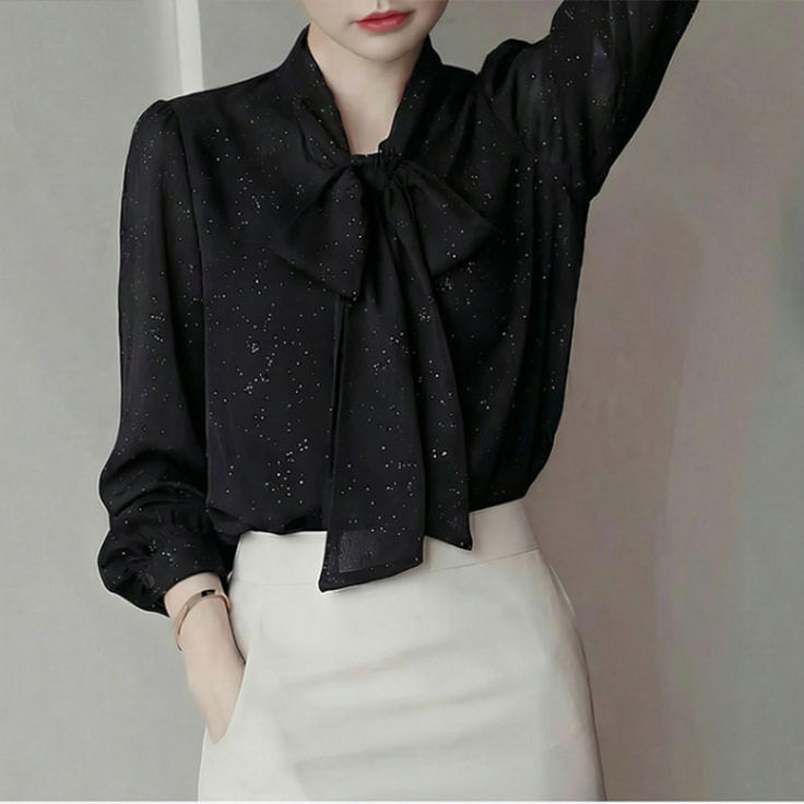 蝴蝶结雪纺衬衫女士秋2026新蕾丝衫/雪纺衫