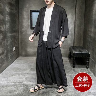 夏季中国风道袍男短袖中式汉服两件套超薄冰丝开衫和服防晒衣套装