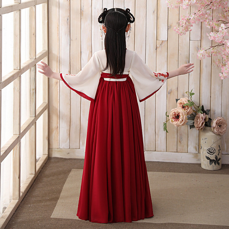 중국 스타일 소녀 HANFU 쉬폰 2022 하이 엔드 레드 슈퍼 요정 베이비 스커트 거즈 고대 스타일 드레스 여름