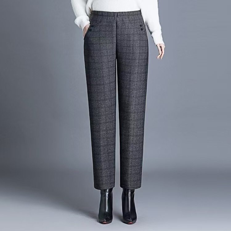 2025妈妈仿羊羔绒条纹格子中老年女裤加绒加厚直筒裤高腰裤
