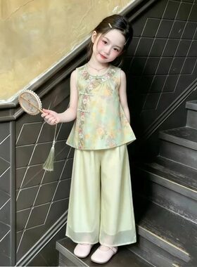 女童中式套装2026夏季新款传统服饰女宝宝国风唐装绿色背心阔腿裤