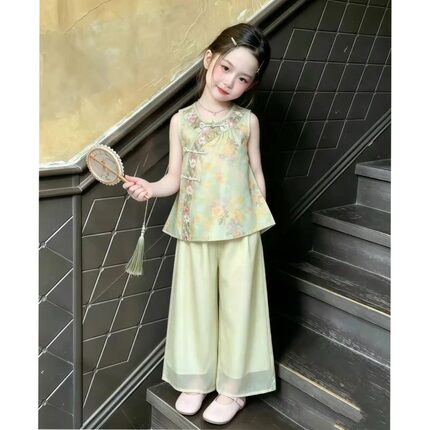女童中式套装2026夏季新款传统服饰女宝宝国风唐装绿色背心阔腿裤