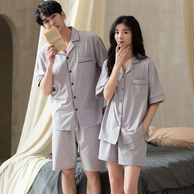 情侣纯棉短袖短裤睡衣男女纯色