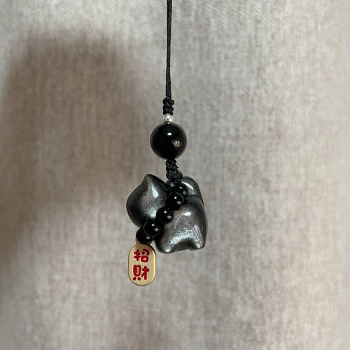 天然银曜石招财猫咪手机链包挂饰