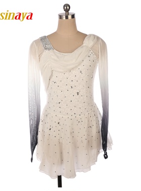 福诺花样滑冰服考斯腾表演服比赛考级裙子纯色白色长袖渐变蕾丝