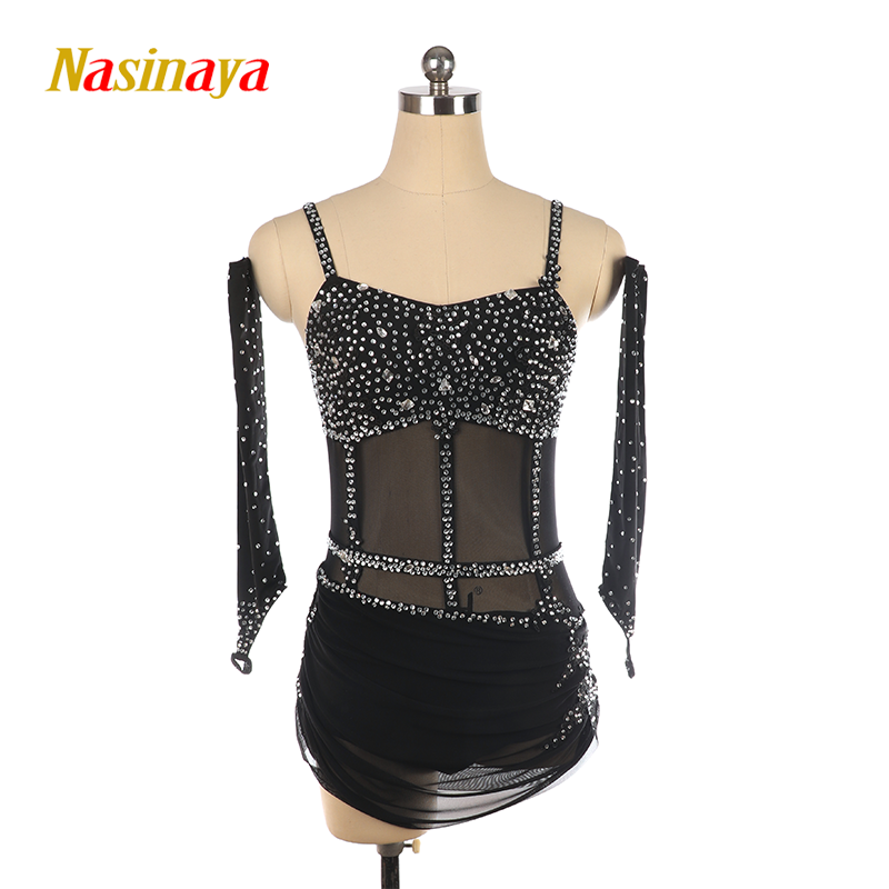 福诺定制花样滑冰服表演服考级比赛服儿童成人女款黑色闪钻+袖套