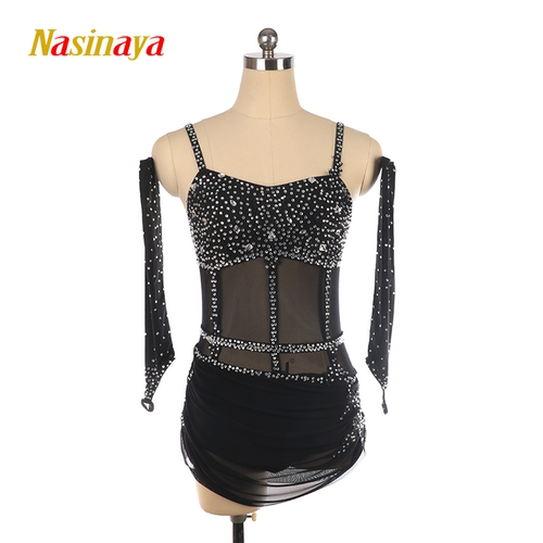 福诺定制花样滑冰服表演服考级比赛服儿童成人女款黑色闪钻+袖套