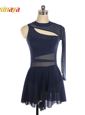 福诺花样滑冰服溜冰服表演服定制女比赛裙子藏蓝单袖亮钻