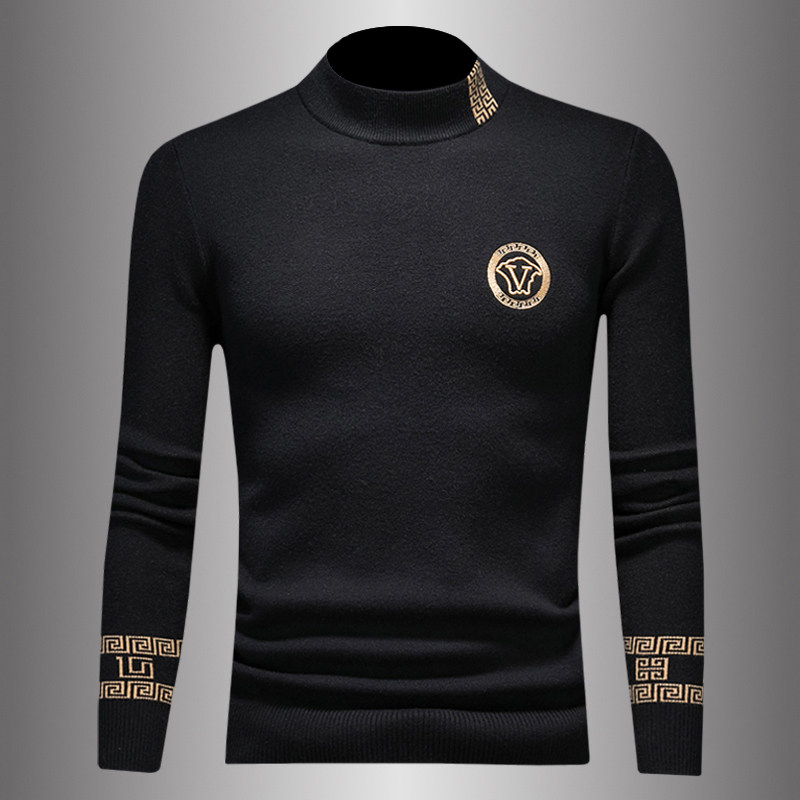 트렌디 브랜드 자카드 하프 터틀넥 긴팔 스웨터 남성 풀오버 가디건 가을 겨울 두꺼운 따뜻한 미드 칼라 니트 바닥 셔츠