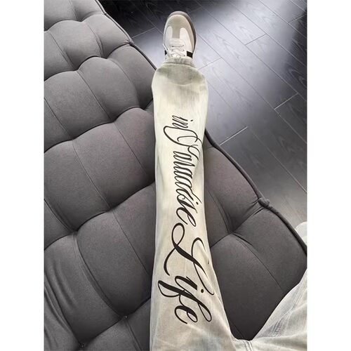 字母印花闪电纹微喇牛仔裤男春季美式高街vibe裤子潮牌显瘦直筒裤