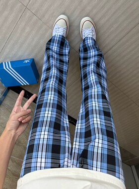 何以至此蓝色格子裤男夏薄款美式复古格纹裤子百搭微喇直筒运动裤
