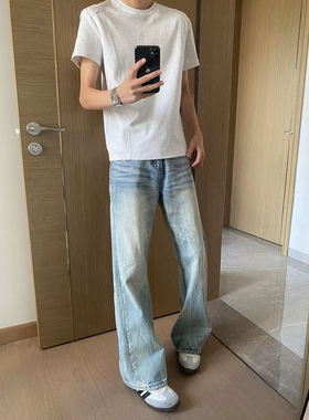 cleanfit浅蓝色闪电纹牛仔裤男款夏季美式高街vibe裤子直筒微喇裤