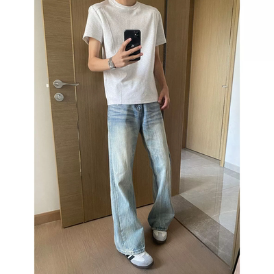 cleanfit浅蓝色闪电纹牛仔裤男款夏季美式高街vibe裤子直筒微喇裤