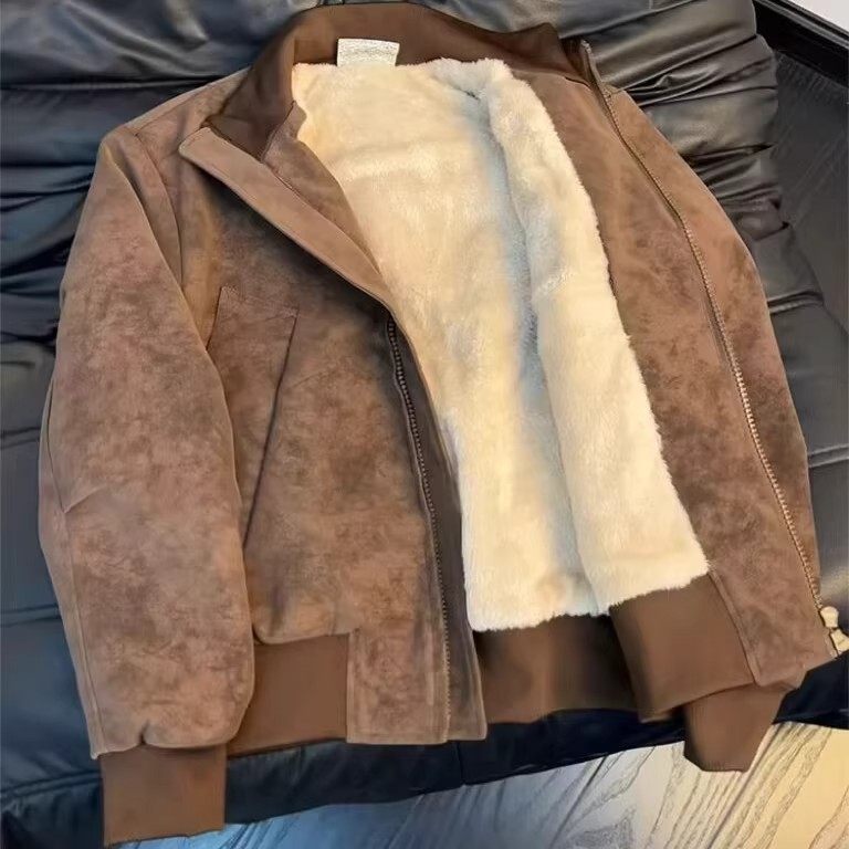 美拉德棕色PU皮衣棉服男款冬季加绒加厚外套美式复古扎染短款棉衣