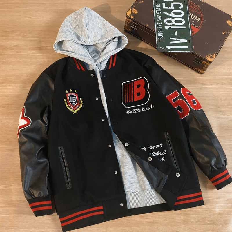 美式复古徽章拼接撞色刺绣棒球服外套男女秋季国潮牌高街宽松夹克