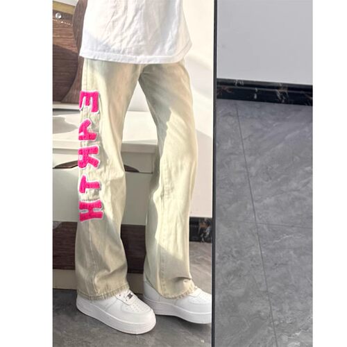 美式高街黄泥染粉色字母刺绣牛仔裤男生潮牌ins宽松直筒百搭长裤