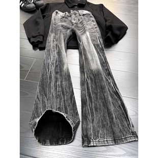 cleanfit黑色闪电纹牛仔裤男春季ins直筒微喇裤美式高街宽松裤子