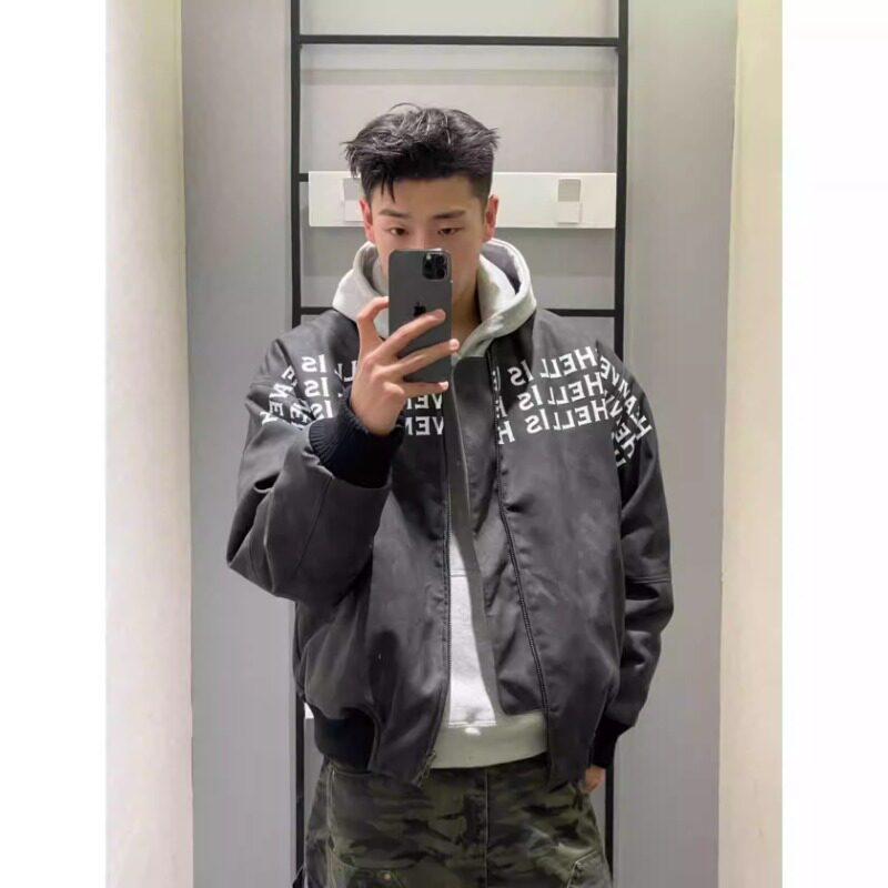 字母印花美式棒球服男款春秋季潮牌痞帅飞行夹克新款黑色皮衣外套图片