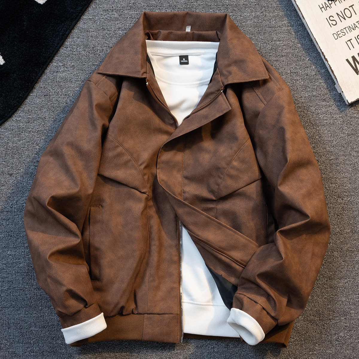 美式复古棕色PU皮衣外套男秋冬季高级感潮流百搭翻领痞帅机车夹克