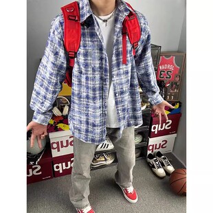 蓝色扎染格子衬衫男春季高级感痞帅百搭外套高街宽松格纹长袖衬衣