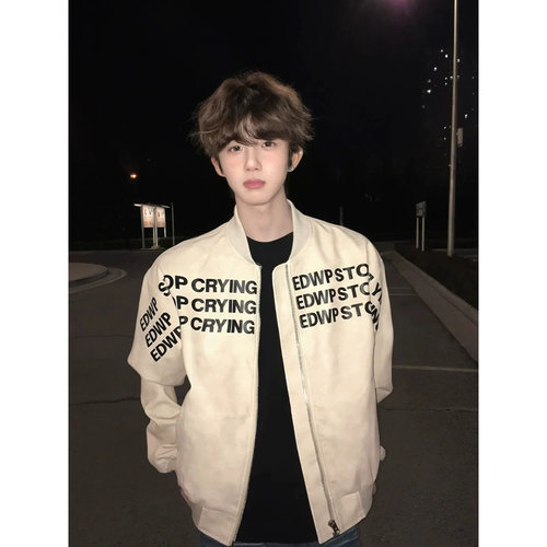 字母印花美式vibe棒球服男款春秋季新款潮牌痞帅飞行夹克皮衣外套