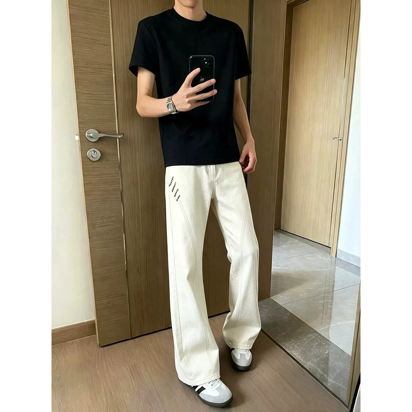 美式刺绣斜切微喇牛仔裤男款cleanfit纯棉裤子潮牌高街宽松直筒裤图片