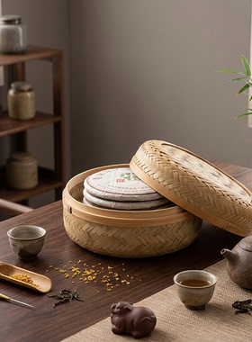 竹编带盖茶叶收纳盒普洱七子饼
