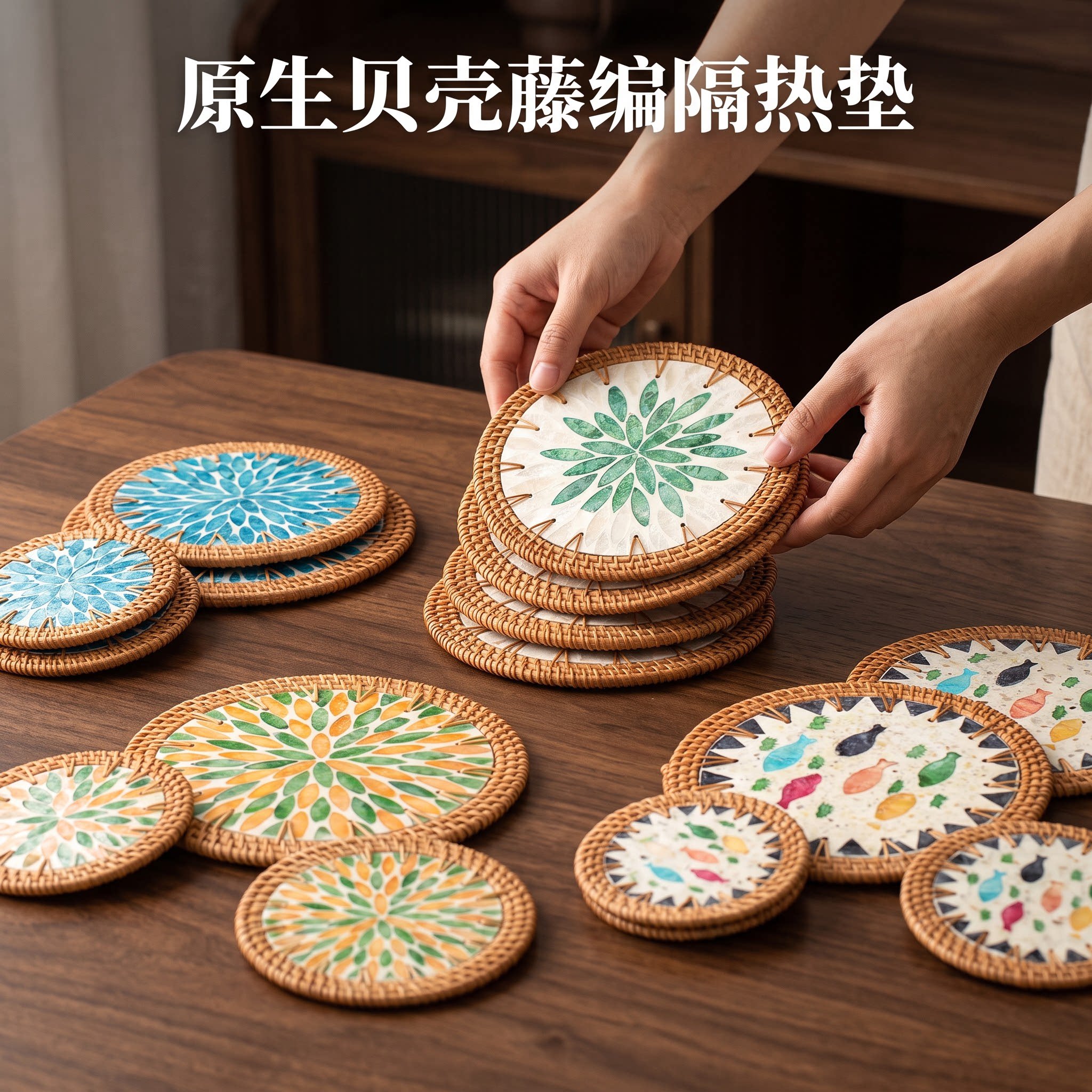 藤编贝壳隔热垫手工防烫杯垫耐高温家用餐桌碗垫艺术花纹装饰垫