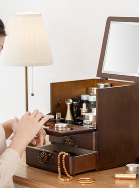 化妆品收纳盒木质梳妆台护肤品置物架大容量桌面家用防尘镜子一体