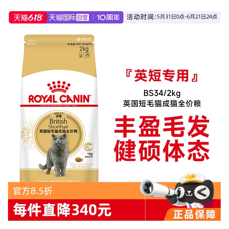 【自营】法国皇家英国短毛猫成猫全价粮BS34/2kg宠物干粮金银渐层