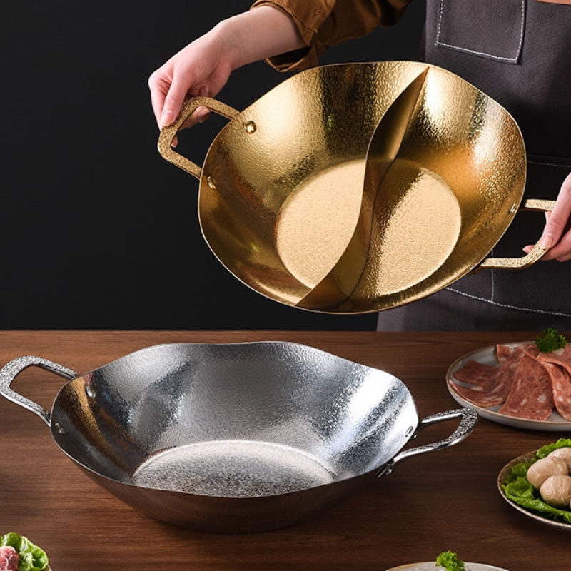 商用加厚电磁炉燃气灶通用二味涮锅不锈钢锤纹荷叶鸳鸯火锅盆