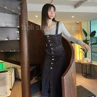 系扣修身 SALE 新款 lumiple 牛仔吊连衣裙 原259韩国代购