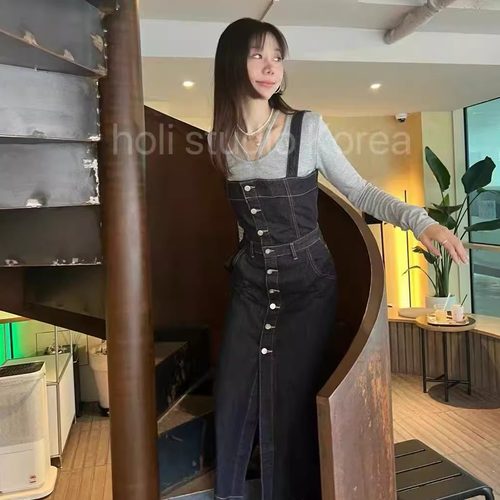 SALE 原259韩国代购 lumiple 新款系扣修身牛仔吊连衣裙