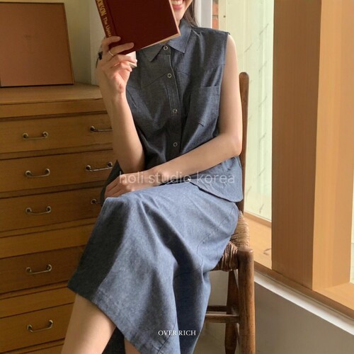 SALE 原519韩国代购 over rich 新款牛仔套装马甲/半身裙SET