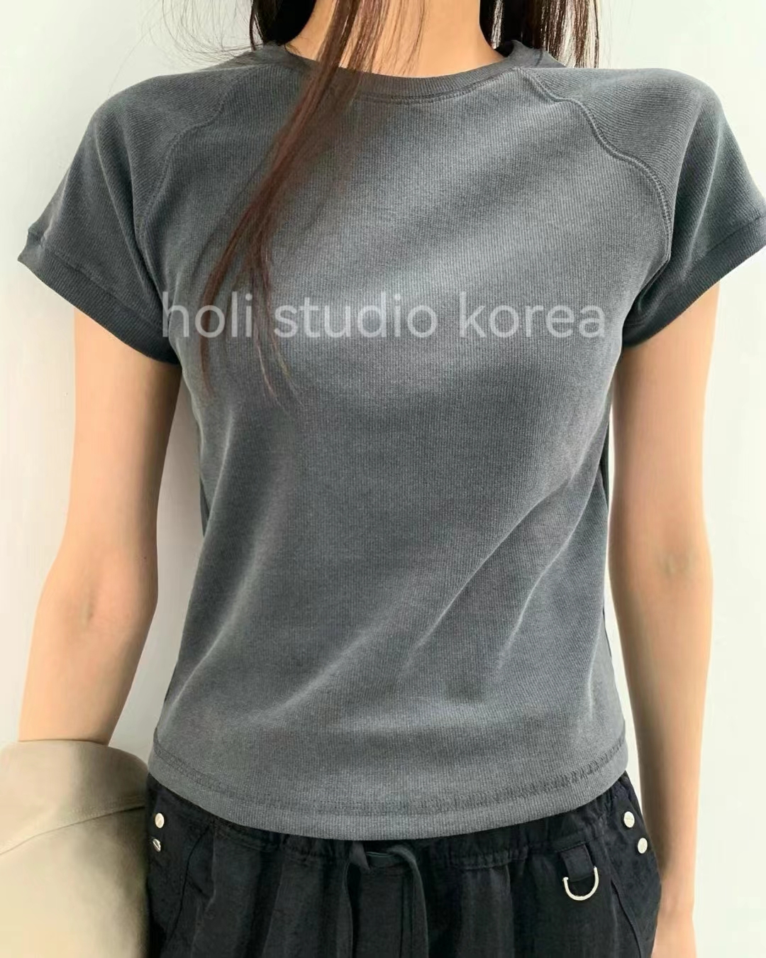 韩国代购东大门代购BREATHE24年新款小猪套袖T恤竖条纹水洗短袖