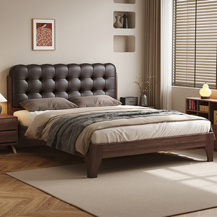 实木床黑胡桃木中古风华夫格现代简约家用主卧北欧软包豪华双人床