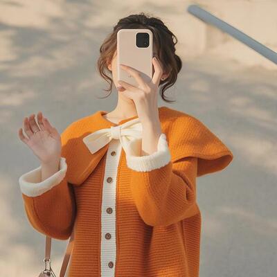 橘色针织开衫外套女秋冬长款宽松慵懒风小众绝美加厚毛衣斗篷大衣