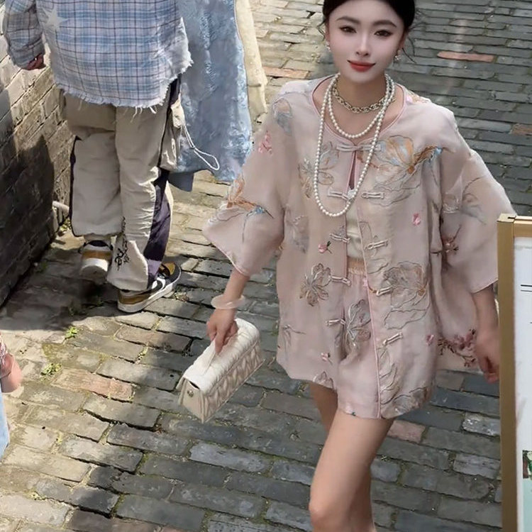 商场撤柜女装新中式国风时尚防晒衬衫上衣短裤套装女2025夏季新款
