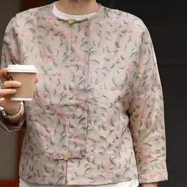 商场撤柜女装粉色印花上衣2025夏季款设计感圆领盘扣唐装长袖衬衫