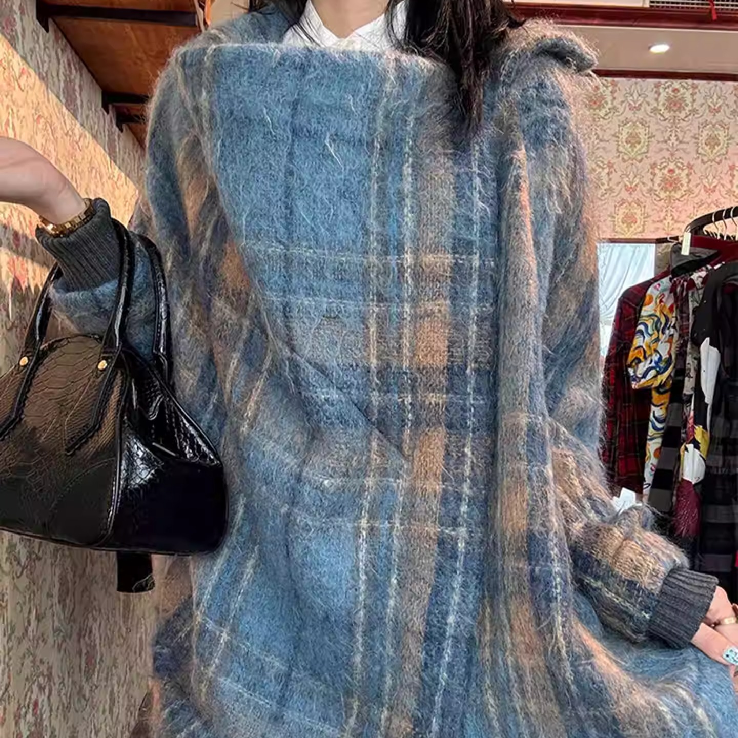 高级感chic别致上衣女2025秋新款韩系设计感减龄爆款蓝色格纹外套