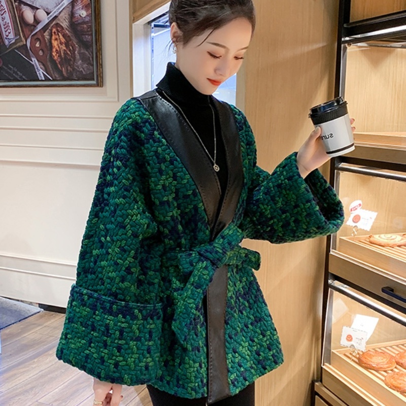 外贸撤回粗花呢外套时尚秋冬季V领斗篷式宽松系带小个子大衣女