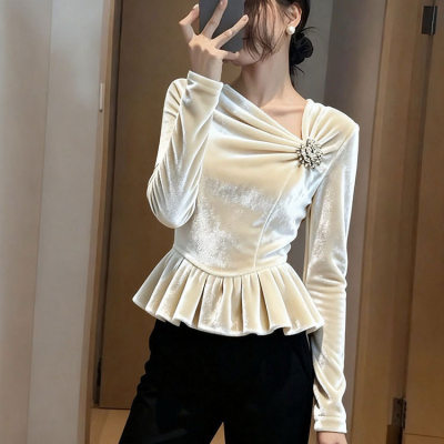 白色丝绒上衣女2025秋高级感轻奢减龄洋气独特漂亮法式掐腰小衬衫