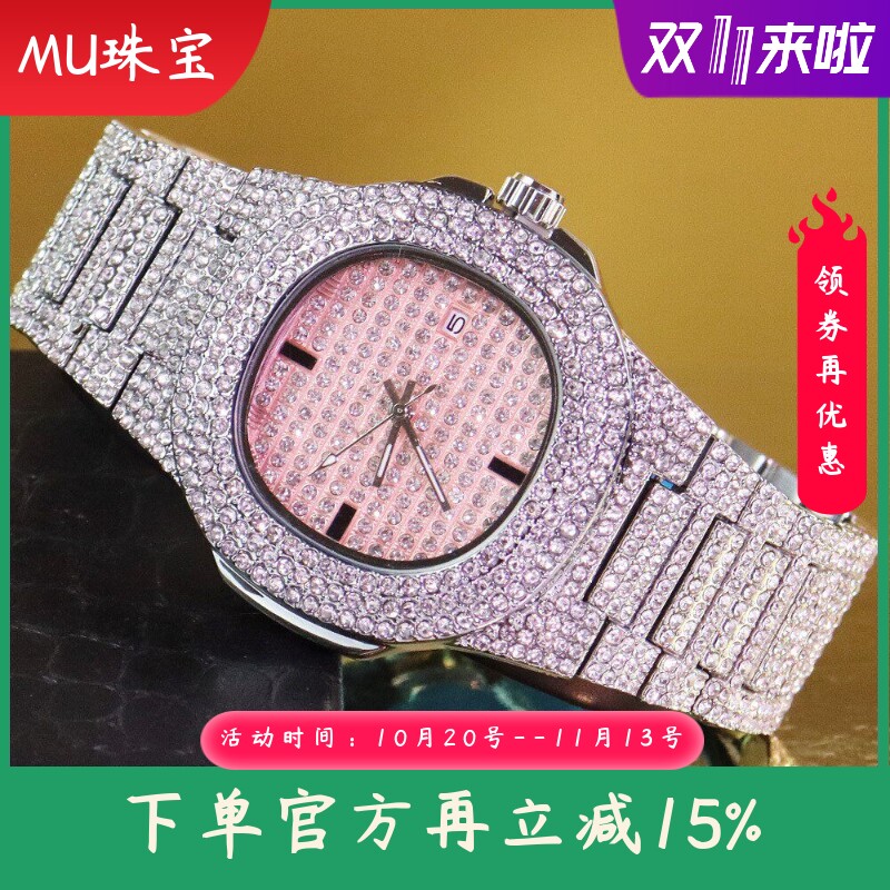 新款嘻哈手表跨境爆款时尚满钻石英表满天星夜光石英男士手表